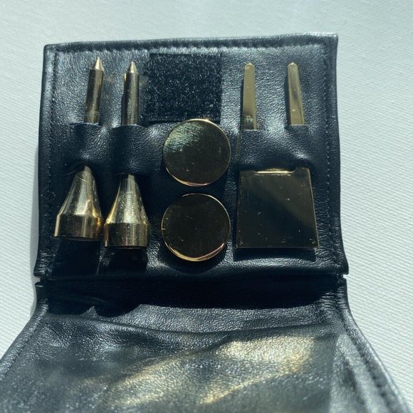 Vintage Brass Gold Metal Plated Divot Repair Golf Tee Marker Set Leather Pouch - Picture 5 of 9